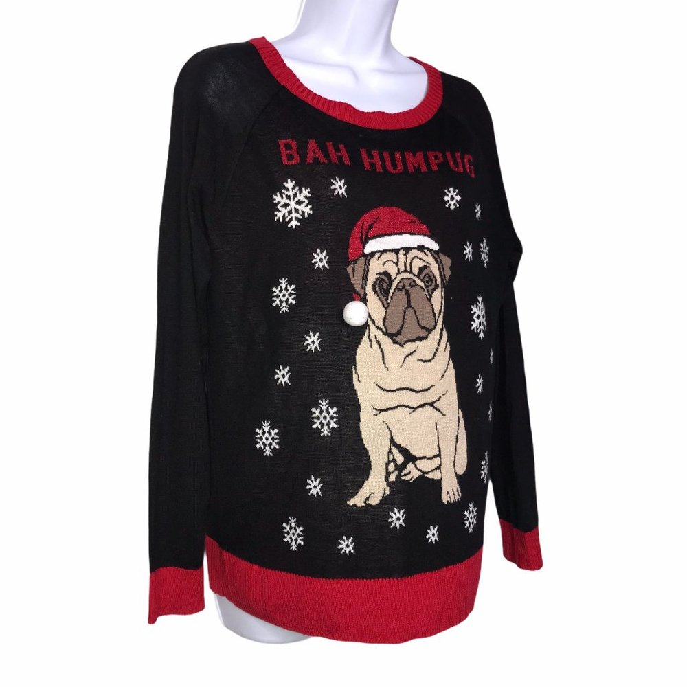 Well Worn Lightweight Pug Bahumpug Ugly Christmas Holiday Pullover Sweater L - Picture 4 of 8